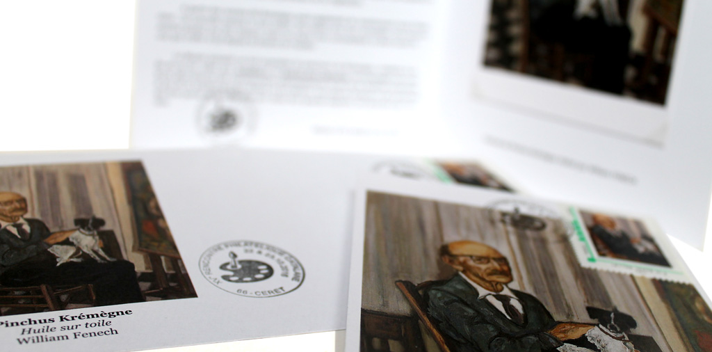 Enveloppe, carte et timbre en hommage à Pinchus Krémègne d'après une oeuvre de William Fenech